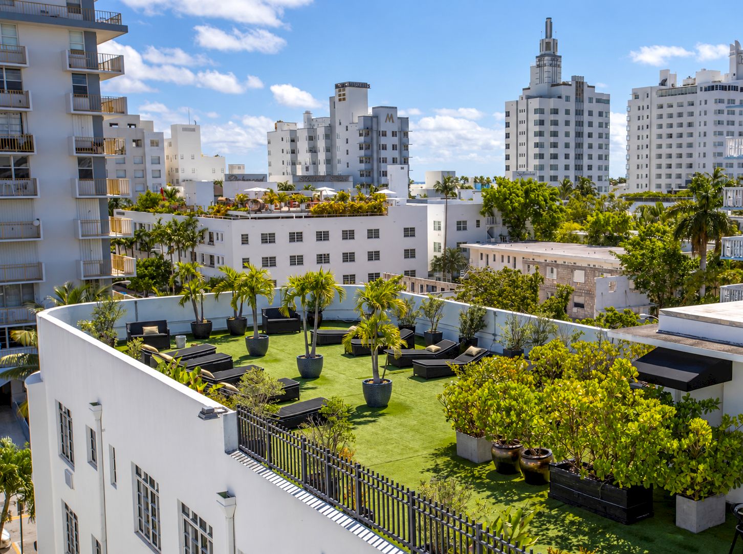 A rooftop garden with lounge chairs, palm trees, and artificial turf